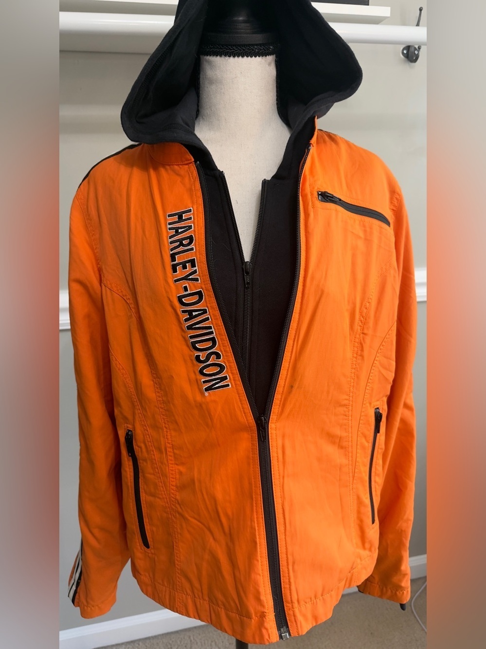 Harley-Davidson Orange and Black Hooded Windbreaker Jacket